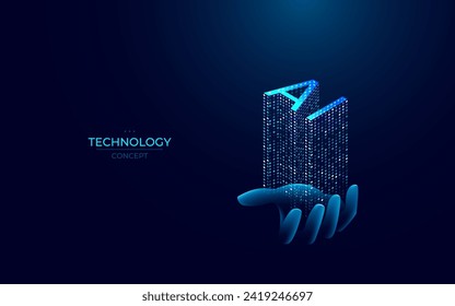 AI word as a hologram on the human palm. Abstract digital concept of artificial intelligence. Network or Big data with light blue elements on dark technology background. 3D glowing vector illustration