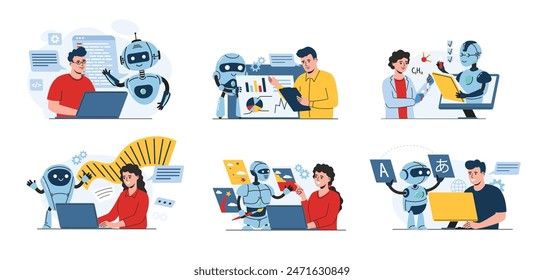 Ai work assistant. Bots helps people with programming, data analytics, scientific research, creative writing, generative art and language learning vector illustration set