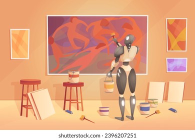 AI work on drawing digital image vector illustration. Cartoon robot artist holding bucket of paint and brush to draw creative picture on wall of art studio, technology to generate artistic content