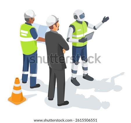 ai work together Artificial intelligence robot presenting construction site plans and collaborating with engineers and project managers to support decision-making and improve workflow efficiency