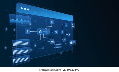 AI workflow automation artificial intelligence. ai agent workflow diagram dashboard machine learning showing user input, cloud and database connections, modular automation steps.
