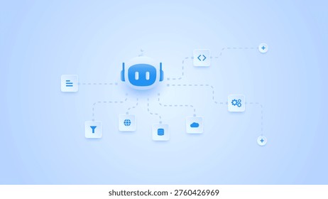 AI workflow automation artificial intelligence. ai agent network diagram connecting node input, processing flow, ai model and automation system.