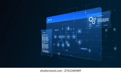 AI workflow automation artificial intelligence. ai agent network diagram dashboard machine learning connecting node user, processing flow, data, coding and automation system.