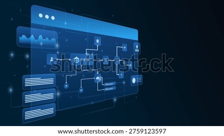 AI workflow automation artificial intelligence. ai agent workflow diagram dashboard machine learning showing user input, cloud and database connections, modular automation steps.