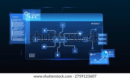 AI workflow automation artificial intelligence. ai agent network diagram dashboard machine learning data processing system, coding, file and automation system.