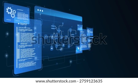 AI workflow automation artificial intelligence. futuristic ai system architecture and automation workflow visualization with code panels, connected modules, and data pipelines.