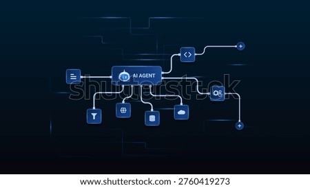 AI workflow automation artificial intelligence. ai agent network diagram connecting node input, processing flow, data and automation system.