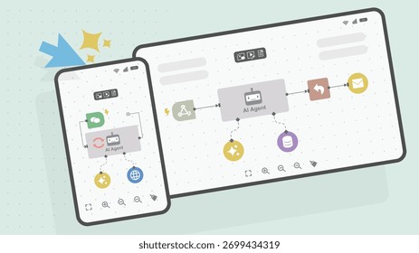  Interface de automação de fluxo de trabalho de IA com nós e gatilhos exibidos em telas de smartphones e tablets. Conceito de interação inteligente do assistente, interface de usuário móvel e visualização de processos. Vetor