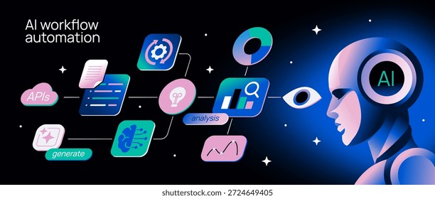Automação do fluxo de trabalho de IA. Banner moderno com ciborgue alimentado por inteligência artificial, analisando dados de negócios e estatísticas financeiras para tomar decisões. Rede neural. Ilustração de vetor de desenhos animados