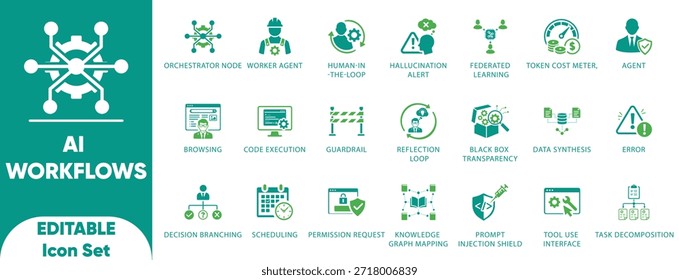 Fluxos de trabalho do AI e ícones de agentes definidos. Possui orquestrador, agente, guardrail e símbolos de token. Ideal para desenvolvimento de IA, interface de usuário SaaS e automação.