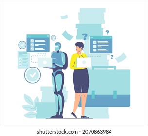 AI working better than human, vector illustration. Artificial intelligence vs human productivity. Robots superiority.