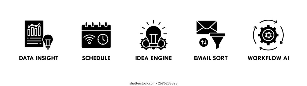 Concepto de Ilustración vectorial de íconos de Web de Anuncio en el lugar de trabajo con íconos de información de datos, programación, motor de ideas, clasificación de correo electrónico y flujo de trabajo AI