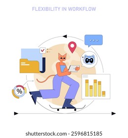 AI in the workplace enhances flexibility by integrating technology for better communication and productivity. The illustration represents workflow adaptation, remote access, and dynamic solutions.
