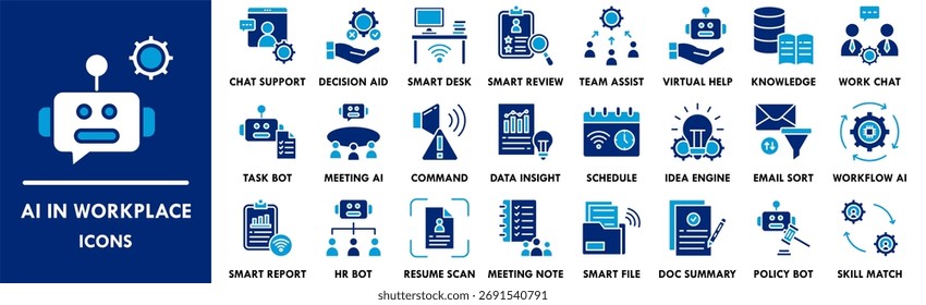 AI in Workplace icon collection set. Containing design technology, workplace, business, ai, information, computer