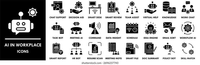 AI in Workplace icon collection set. Containing design technology, workplace, business, ai, information, computer