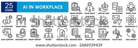 AI in Workplace icon collection set. Containing design technology, workplace, business, ai, information, computer