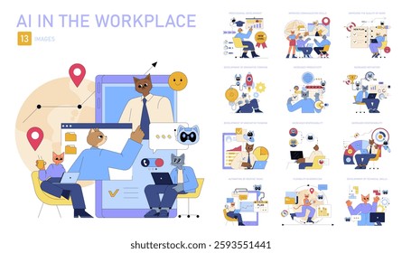 AI in the Workplace illustrates the integration of artificial intelligence in professional settings. It showcases the benefits of enhanced productivity, improved communication, and innovative skill
