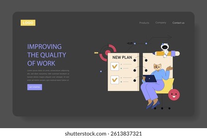 AI in the workplace revolutionizes productivity and efficiency. This illustration showcases a character engaging with a digital plan to enhance work quality, blending technology with creativity