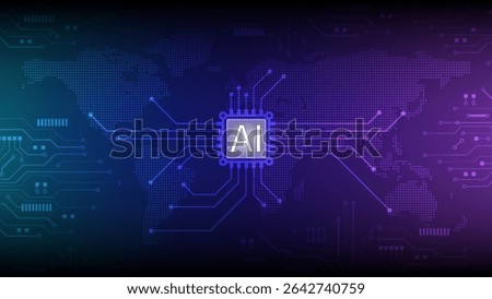 AI world map technology circuit digital futuristic innovation blue purple glowing abstract