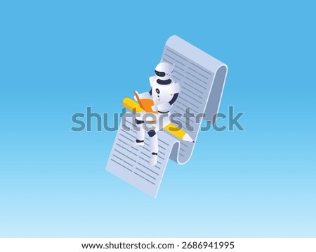 AI writer or automated copywriting with a robot writing on a large sheet of paper with a pencil 3d isometric vector illustration
