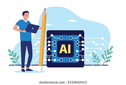 AI writer - Man with laptop computer writing content with the help of artificial intelligence technology service while holding pencil and smiling. Flat design vector illustration with white background