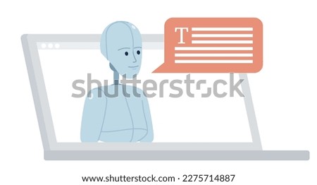 AI writer on laptop flat concept vector spot illustration. Editable 2D cartoon device with character on white for web design. Creative idea for website, mobile app. Source Serif Pro font used