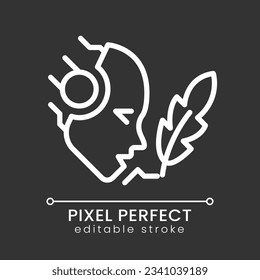 AI writes pixel perfect white linear icon for dark theme. Artificial intelligence. Creative literature. Content generator. Thin line illustration. Isolated symbol for night mode. Editable stroke