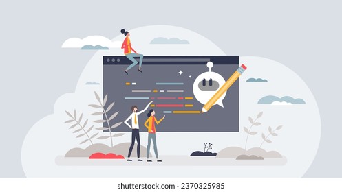 AI writing and artificial intelligence usage for content creation tiny person concept. Machine automation for digital text typing and author assistance vector illustration. Effective and smart tool.