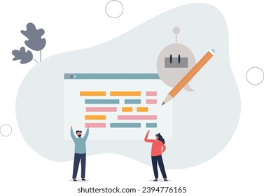 AI writing and artificial intelligence usage for content creation .Machine automation for digital text typing and author assistance.flat vector illustration.