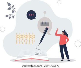 AI writing and artificial intelligence usage for typing.Artificial intelligence as effective and smart automation tool for copywriters and content creators.flat vector illustration.