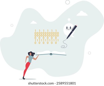 AI writing and artificial intelligence usage for typing.Artificial intelligence as effective and smart automation tool for copywriters and content creators.flat character life .