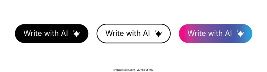 AI Writing Assistant Button. write with ai button. Smart Text Generator UI Elements. Artificial Intelligence Copywriting, Automation Action Content Creator Interface. Vector Illustration.