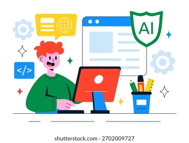 Ilustración de asistente de escritura de IA con Tecnología de inteligencia artificial para traducción, interacción de chatbot, generación de código y redacción de artículos
