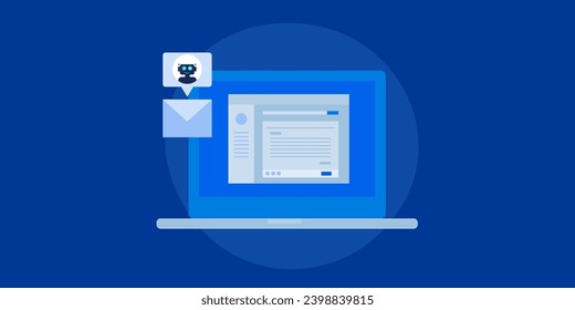 E-Mail schreiben, E-Mail-Unterstützung von AI, Künstliche Intelligenz generierende Textinhalte für E-Mails, Inhaltsgenerator - Vektorgrafik mit Symbolen