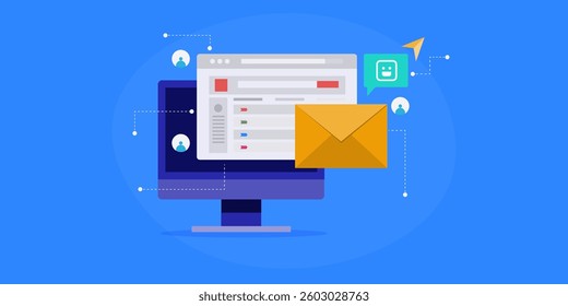 AI writing email content, Email marketing campaign, AI writing reply email, AI driven email ad campaign - vector illustration with icons