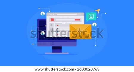 AI writing email content, Email marketing campaign, AI writing reply email, AI driven email ad campaign - vector illustration with icons