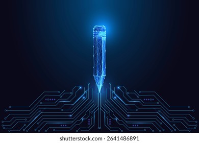 AI writing, generative art and smart design concept with glowing polygonal pencil connected to digital circuit board on dark blue background. Futuristic low poly style, abstract vector illustration