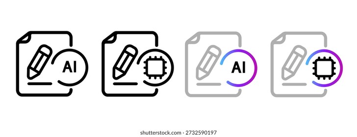 AI writing icon set for automated content creation copywriting artificial intelligence technology document and pencil