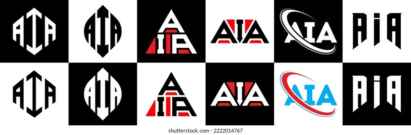 AIA letter logo design in six style. AIA polygon, circle, triangle, hexagon, flat and simple style with black and white color variation letter logo set in one artboard. AIA minimalist and classic logo