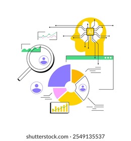 ILUSTRACIÓN VECTORIAL de concepto abstracto de análisis de la competencia analizado por IA. Relaciones públicas. Analyze y estrategias de relaciones públicas de referencia contra competidores con herramientas de IA. AI Tecnología. metáfora abstracta.