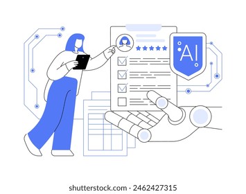 ILUSTRACIÓN VECTORIAL abstracta del concepto de comportamiento Cliente analizado por IA. Seguros. Análisis de comportamiento y preferencias de asegurados, ofertas de seguros personalizados. TECNOLOGÍA de IA. metáfora abstracta.