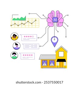 ILUSTRACIÓN VECTORIAL de concepto abstracto de Comentarios Cliente analizado por IA. Inmobiliaria. Recopilar y analizar el Comentarios y las revisiones de los Clientes. Mejorar la reputación. AI Tecnología. metáfora abstracta.