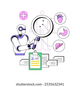 AI-Analyzed Patient Health Monitoring abstraktes Konzept, Vektorgrafik. Gesundheitswesen. Überwachung des Patientenzustands, Warnmeldungen für potenzielle Gesundheitsprobleme. KI-Technologie. abstrakte Metapher.