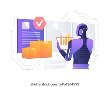 ILUSTRACIÓN VECTORIAL abstracta de concepto de desempeño de proveedores analizada por IA. Gestión de la cadena de suministro. Evalúe el rendimiento del proveedor mediante análisis de IA. TECNOLOGÍA de IA. metáfora abstracta.