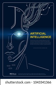 AI(Artificial Intelligence) concept poster.
Robot face conect the brain with big data, Internet of things Disruption everything , neural network and deep learning. vector background