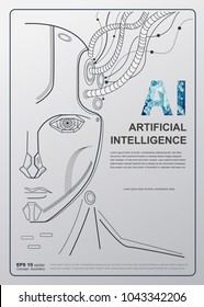 Poster conceito AI (Inteligência Artificial).
Rosto robô conect o cérebro com big data, Internet das coisas Perturbação tudo, rede neural e aprendizagem profunda. fundo vetorial