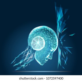 AI(Artificial Intelligence) concept poster. Robot face conect the brain with big data, Internet of things Disruption everything , neural network and deep learning. vector background. 3d. Lines connect