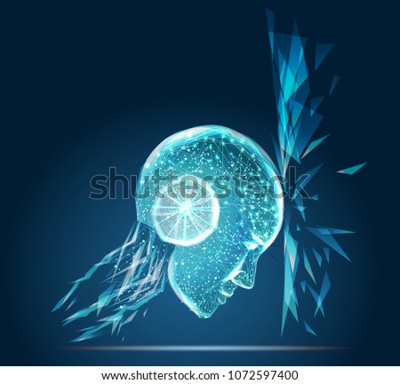 AI(Artificial Intelligence) concept poster. Robot face conect the brain with big data, Internet of things Disruption everything , neural network and deep learning. vector background. 3d. Lines connect