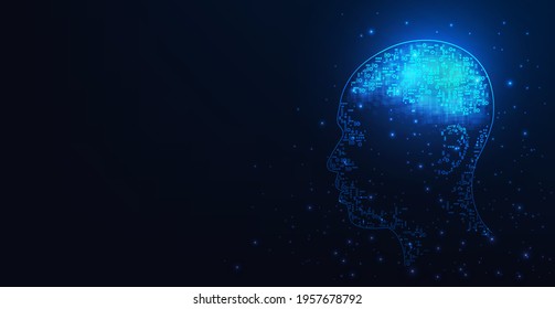 AI.Artificial intelligence concept.Human head outline with circuit board digital human face in robot digital computer interpretation and Machine Learning Concept.(AI) on dark blue background. 