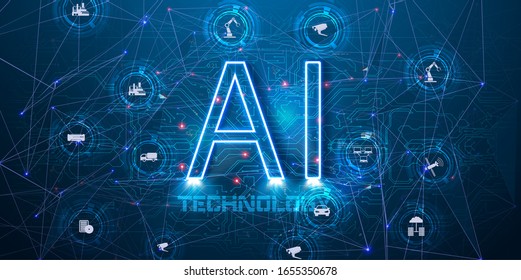 AI(Artificial Intelligence) infographic banner. Website vector illustration. Concept vector illustration with icons. Neural network diagram, cybernetics, Futuristic, Robotics machine. AI, ​​industry